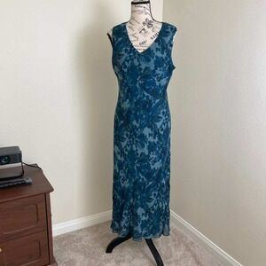 Charter Club Womens Size 12 Teal Blue Floral 100% Silk Sleeveless Maxi Dress